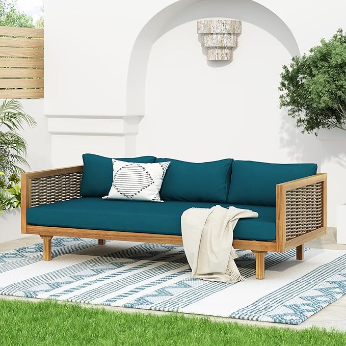 Merax 67.5" Outdoor Patio Daybed 3 Seater Sofa Bed,Acacia Wood Frame with Rattan Arm,Cushion & Pillow for Courtyard