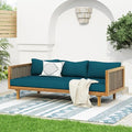 Merax 67.5" Outdoor Patio Daybed 3 Seater Sofa Bed,Acacia Wood Frame with Rattan Arm,Cushion & Pillow for Courtyard