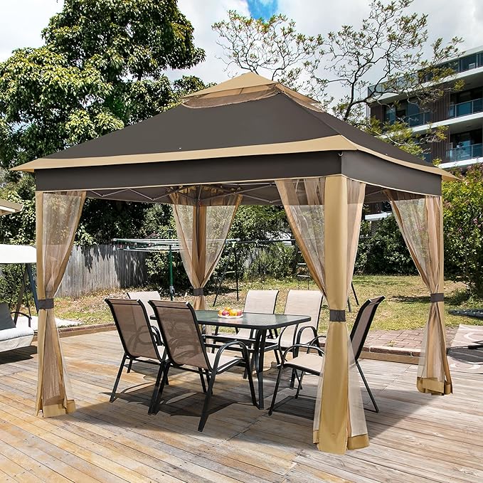 Yaheetech 11x11 Pop Up Gazebo Outdoor Canopy Shelter, Instant Patio Gazebo Sun Shade Canopy Tent with 4 Sandbags, 2 Tiers Roof & Mesh Netting for Lawn, Garden, Backyard & Deck, Brown