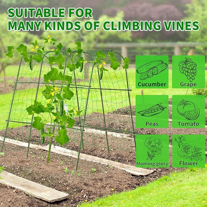Lalahoni Cucumber Trellis, 65x48 inch Garden Trellis for Climbing Plants Outdoor, Metal Garden Arch Climbing Plant Support Vegetables Peas Beans Squash Cucumber Trellis for Raised Bed, Green