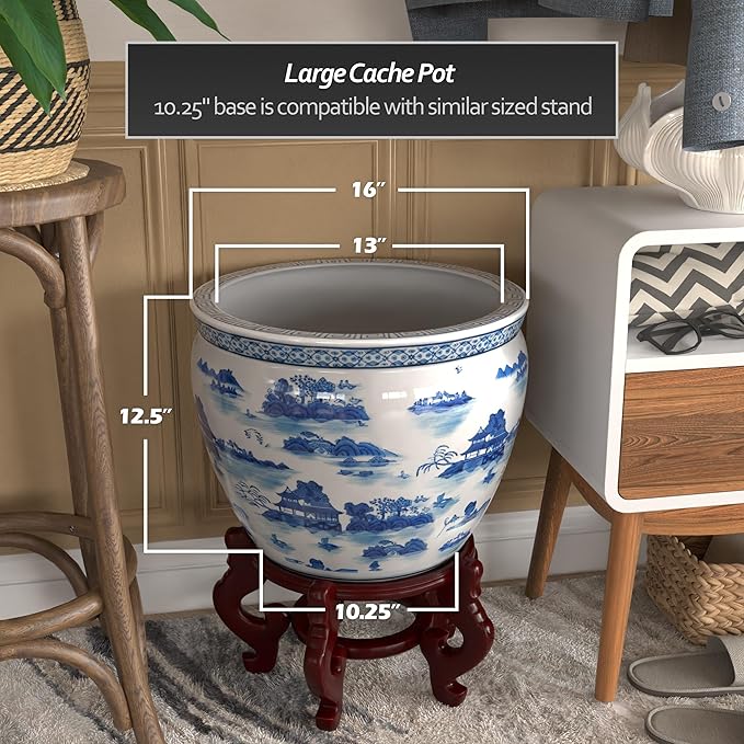 Red Lantern 16" Landscape Blue & White Porcelain Fishbowl Planter or Cachepot for Indoor/Outdoor Use in Garden Entryway Living Room Boho Eclectic Modern Contemporary Classic Traditional Style Decor