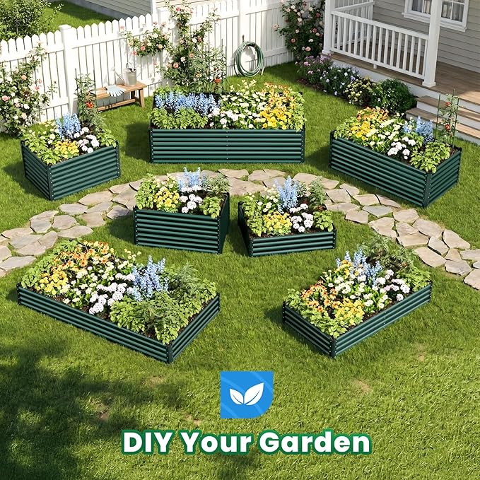 Quictent Galvanized Raised Garden Bed 8x4x1 Ft Metal Planter Box for Vegetables Bottomless for Backyard, 2 Tomato Cages Included, Green 2PCS