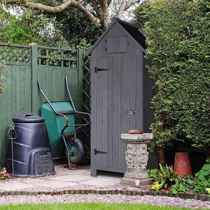 Outvita 70in Outdoor Storage Shed, Waterproof Wooden Garden Storage Cabinet with Lockable Door, Grey