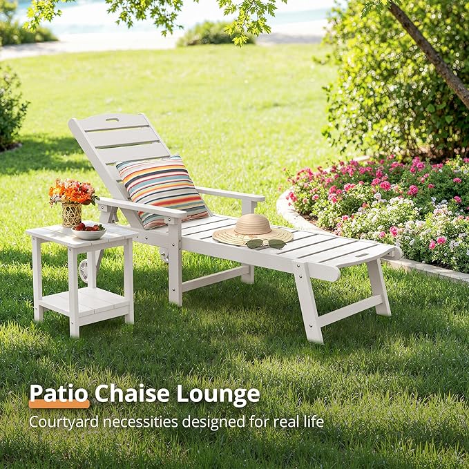 LUE BONA Outdoor Chaise Lounge Chairs Set of 4, HDPS Chaise Lounger, 5 Positions Adjustable Lounge Chairs, Pool Lounge Chair with Wheels for Poolside, White