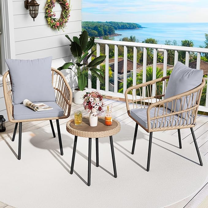 YITAHOME 3 Piece Bistro Set Outdoor with Thick Cushions&Table All-Weather Wicker Patio Furniture Set with Armrest Rattan Conversation Set for Balcony, Backyard, Pool, Porch, Deck - Grey