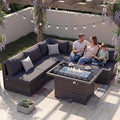 NICESOUL 6 Piece Outdoor Patio Furniture Set with Fireplace Table Natural Gas & Propane, 29.3'' High-Back L Shaped Sectional Sofa Set, Large Deep Seated Modern Conversation Couch for Tall People, Gray