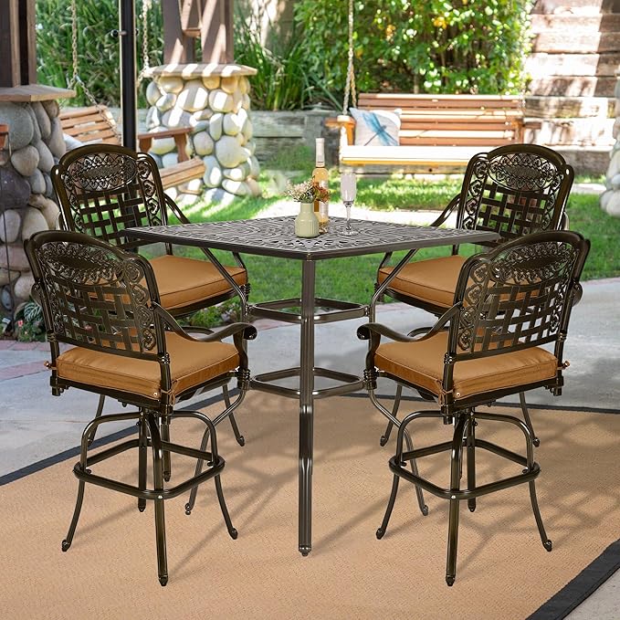 VIVIJASON 5-Piece Bar Height Patio Dining Set, Rust-Free Cast Aluminum Outdoor Table and Chairs Set with 4 Swivel Bar Stools, Cushions & 35.4" High Bar Table w/Umbrella Hole for Deck, Lawn, Garden