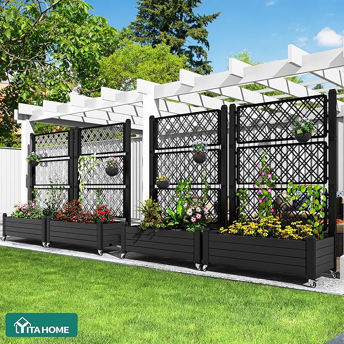 YITAHOME 3.6x1.5x5 FT Planter Box Trellis with Wheels, Large Outdoor Plastic Raised Garden Bed with Drain Plug for Climbing Plants, Black