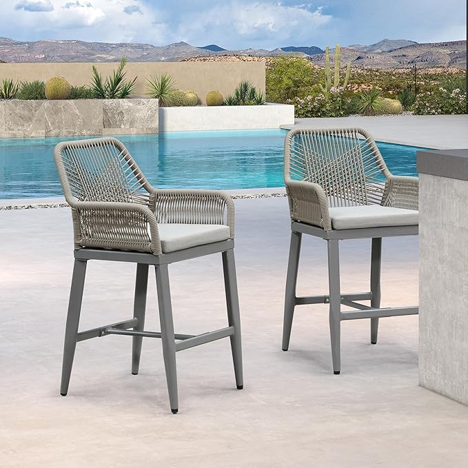 PURPLE LEAF Outdoor 24" Counter Height Bar Stools Chair Set of 2, All Weather Rattan and Aluminum Patio Bar Stool with Cushion for Indoor and Outdoor, Kitchen Island, Light Grey