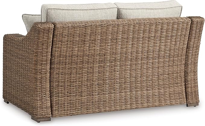 Signature Design by Ashley Beachcroft Casual Nuvella Weather Resistant Fabric, Resin Wicker Outdoor Loveseat with Cushion and 2 Accent Pillows, Dark Brown & Beige