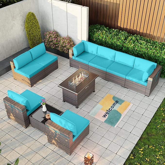 Kullavik 10 Pieces Outdoor Patio Furniture Set with 43" 55000BTU Gas Propane Fire Pit Table PE Wicker Rattan Sectional Sofa Patio Conversation Sets,Blue