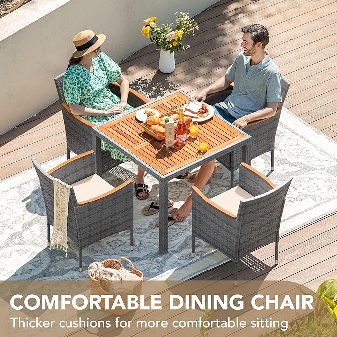 Devoko 5 PCS Furniture, Patio Conversation Set with Acacia Wood Top, Rattan Outdoor Dining Table and Chairs for Backyard, Garden, Deck, Grey