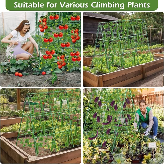 Cucumber Trellis for Raised Beds, 45 x 53 Inch Adjustable Size A-Frame Garden Trellis for Climbing Plant Outdoors with Climbing Net and Plant Support Clip for Vegetable Grape Tomato Bean Pea