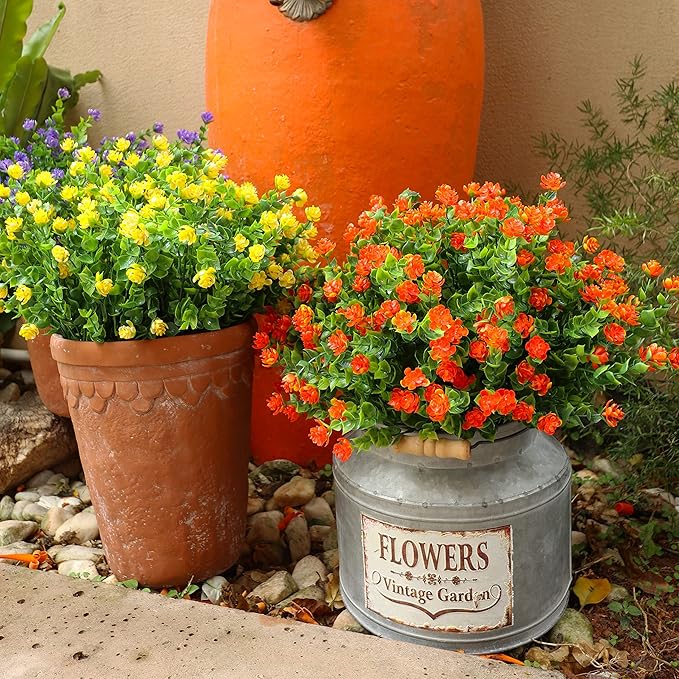 20 Bundles Artificial Fall Flowers Outdoor Fake Flowers, UV Resistant No Fade Faux Plastic Greenery Shrubs Plants for Hanging Garden Porch Window Box Outside Decoration,Home Indoor Decor Orange