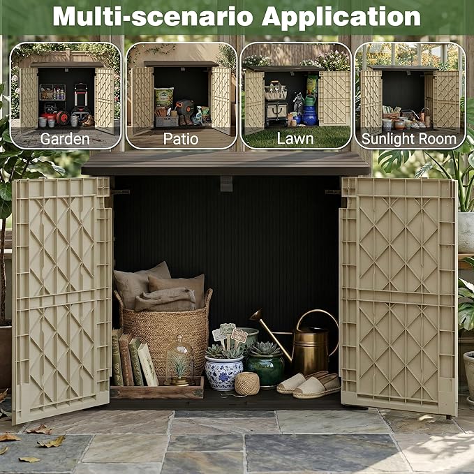 LHBcraft Waterproof Outdoor Storage Box 36 Cu Ft with Lockable Doors, Portable Horizontal Resin Storage Shed, Easy to Assemble, Outdoor Storage Cabinet for Backyards, Brown-Beige
