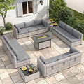 12-Seat Modern Outdoor Wicker Rattan Patio Furniture Set with 55,000 BTU Fire Pit Table, Thick 4″ Cushions, All-Weather Dual-Strand Rattan, Rust-Resistant Steel Frame,Black
