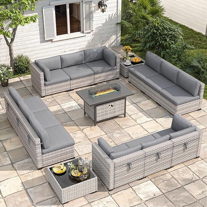 12-Seat Modern Outdoor Wicker Rattan Patio Furniture Set with 55,000 BTU Fire Pit Table, Thick 4″ Cushions, All-Weather Dual-Strand Rattan, Rust-Resistant Steel Frame,Black