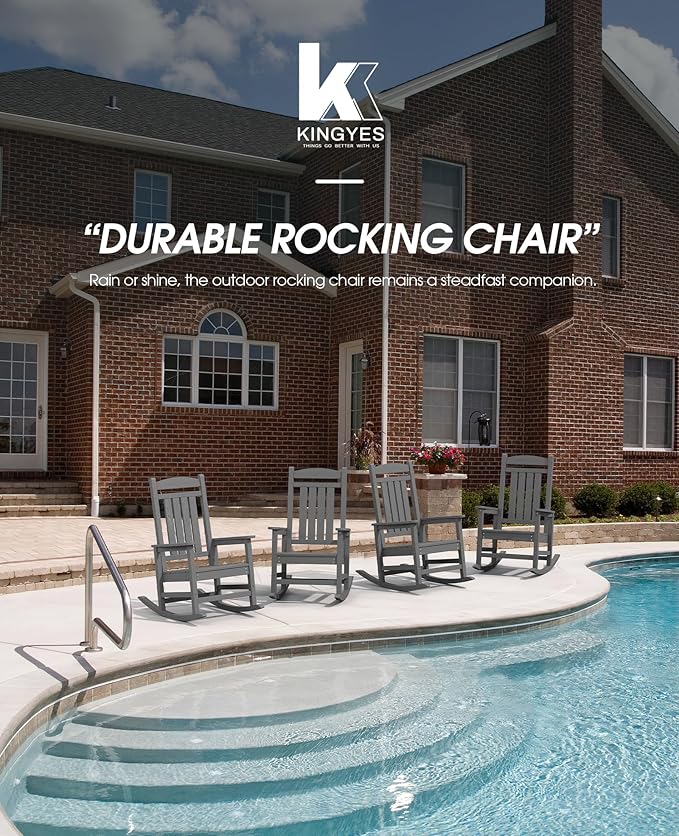 KINGYES Outdoor Rocking Chairs, HDPE All-Weather Patio Rocking Chairs High Back Porch Rocker for Adult, Gray
