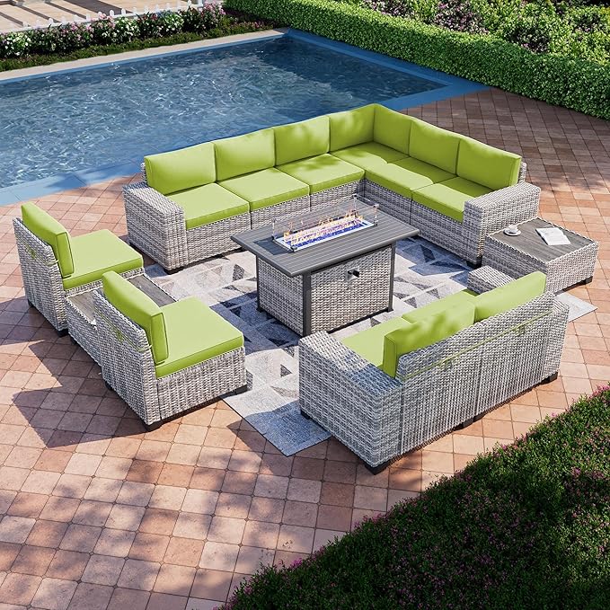 13-Piece Outdoor Patio Furniture Set with 55,000 BTU Fire Pit Table, PE Wicker Rattan Sectional Sofa Patio Conversation Set with Coffee Table, Avocado Green