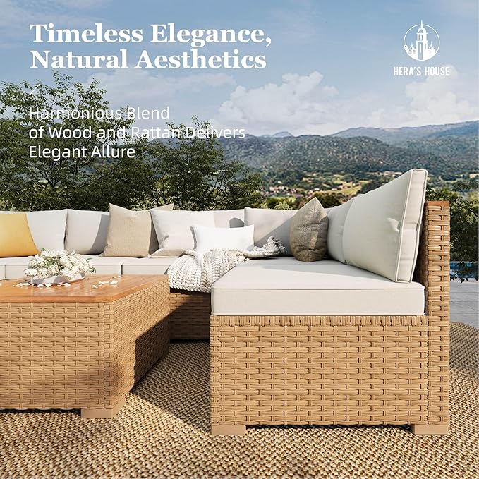 HERA'S HOUSE Wicker Patio Furniture Set, 7 Pieces Outdoor Sectional Sets with 6 Seats, Rattan Conversation Set with Sofa and Wood Coffee Table for Garden and Backyard, l Shape Boho Balcony Couch Set