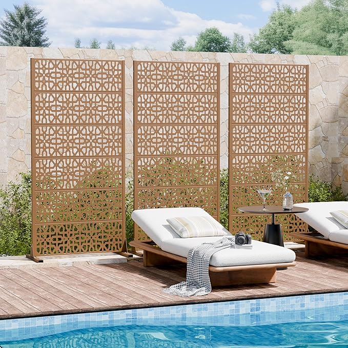 Casaphoria Metal Privacy Screen Outdoor, 72" H x 35" W Freestanding Decorative Privacy Screen for Patio Deck Balcony Garden with Stable Base, Brown-Perilla