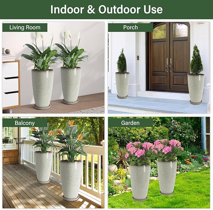 Set of 2 Lightweight Ceramic-Look Tall Planter, 21 inch Large Plastic Planter with Drain Hole & Saucers, Large Outdoor Planters for Porch, Garden, Patio, Balcony(Glaze Beige)