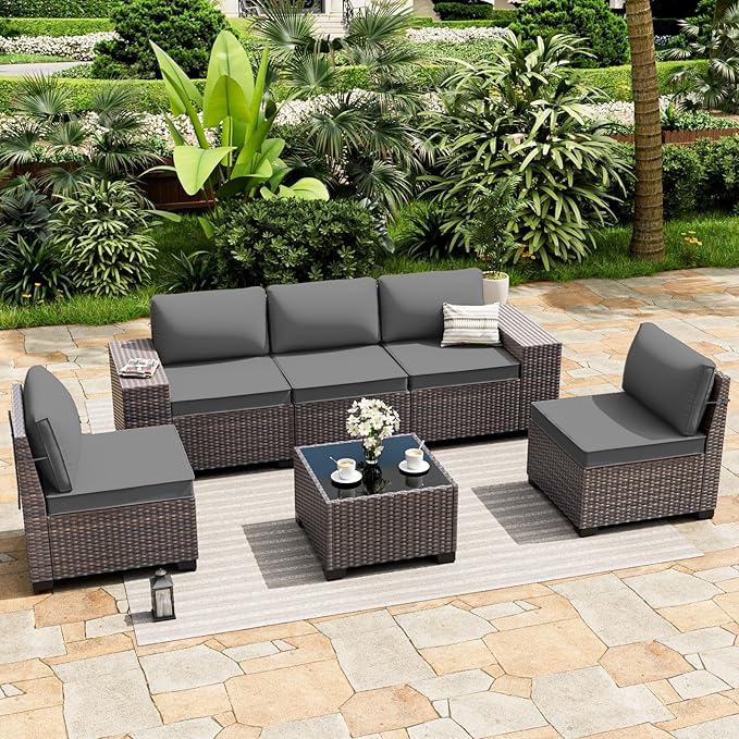 ALAULM 6 Pieces Patio Furniture Set, Oversized Seat/Armrest and High Back Wicker Sectional Furniture Set with Thick Cushion for Backyard, Garden, Grey