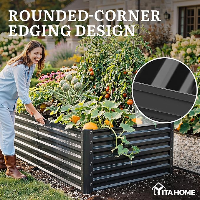 YITAHOME 72x36x24 in Galvanized Raised Garden Bed Kit, Large Metal Planter Box with Gloves & Support Rod, Outdoor Flower Bed for Plants Vegetables, Black