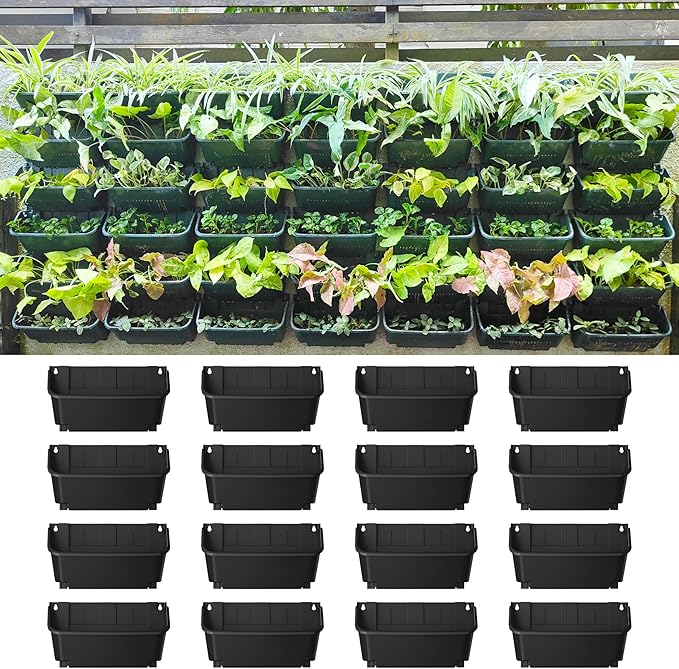 Maxona Black Color Vertical Garden Planter - 16 Pack, 13 inch Wall Mounted Planter for Patio Outdoor Decor, Home Plastic Pot Balcony Plant Vegetable Fruit Herb Hanging Pocket Holder Flowerpot