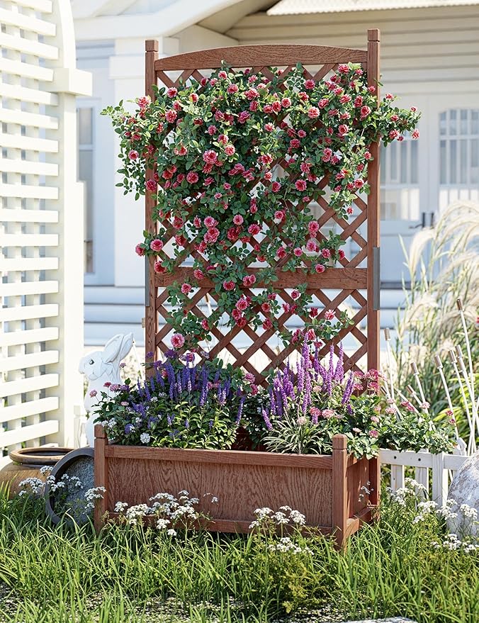 GarveeLife 1PC Wood Planter Box with Trellis - 29.5"x26"x61.5" Tall Raised Garden Bed with Wheels, Drainage Holes, Vertical Flower Stand for Patio Horticulture