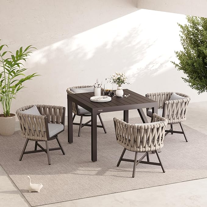 Grand patio 5-Piece Outdoor Dining Set for 4, Patio Dining Furniture Set for 4 Swivel Rope Wicker Chairs & 1 Expandable Rectangular Dining Table, Light Gray Brown