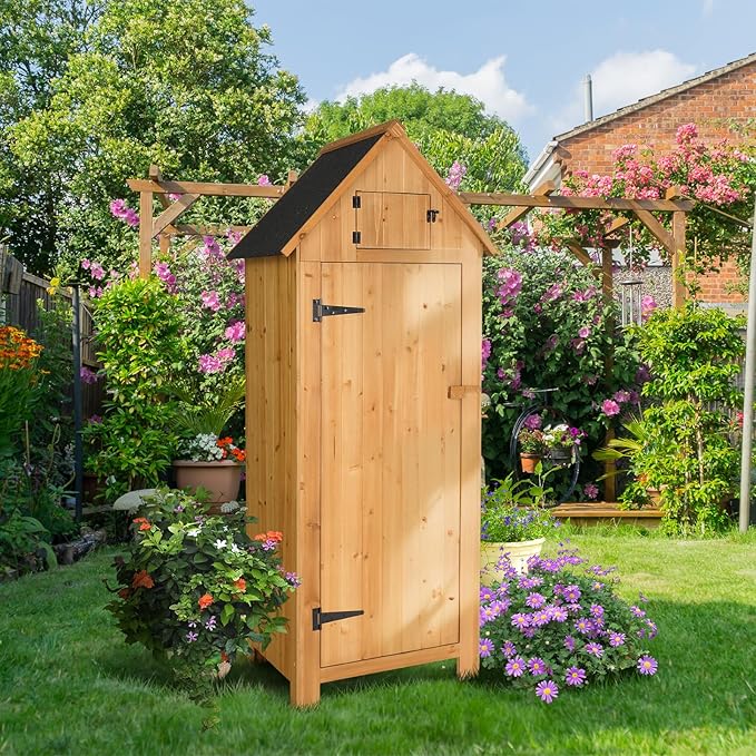 VINGLI Outdoor Wooden Storage Shed, Garden Shed Outside Tool Cabinet with Safety Latch, Patio Storage Organizer (Teak)