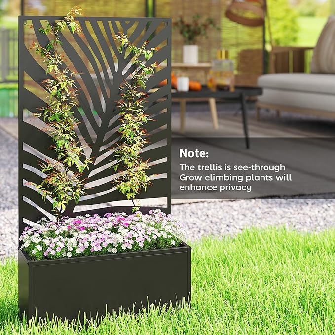 Outsunny Metal Raised Garden Bed with Trellis for Climbing Plants, Freestanding or Wall Mounted Flower Bed with Privacy Panel, Large Leaf Cut-Out Outdoor Planter Box for Garden, Patio, Balcony