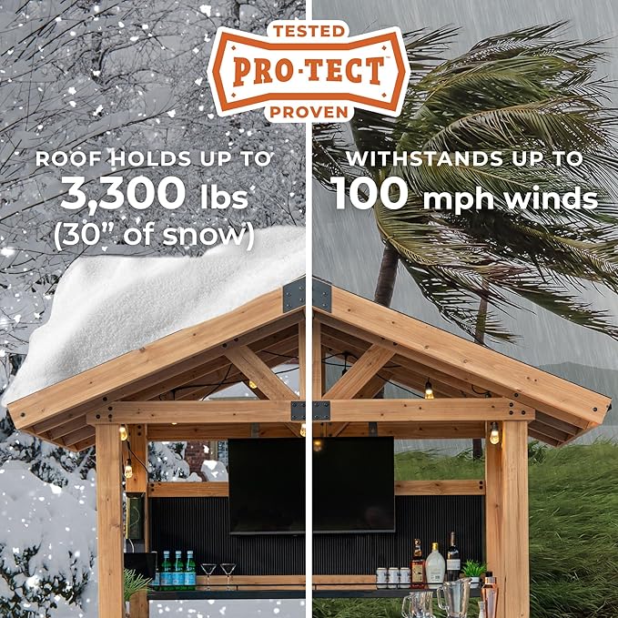 Backyard Discovery Palisade 9' x 6' Cedar Wood Outdoor Bar Set with Galvanized Steel Roof, Bar Top, Shelving, Snow Load Support, Wind Resistance, PowerPort for Patio, Deck, Entertaining