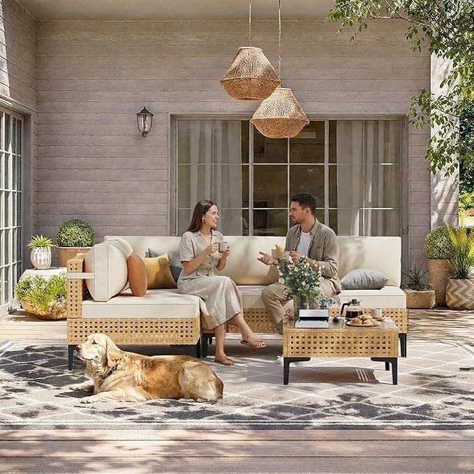 ABCASA Patio Furniture Set, 5-Piece Wicker Outdoor Patio Furniture Sets with Anti-Slip Cushions & Coffee Table,Boho Patio Conversation Set Sectional Sofa for Backyard,Porch,Beige