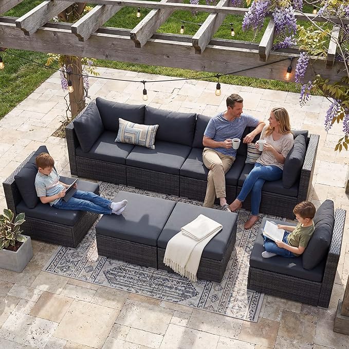 NICESOUL 8 Seater Modern Luxury Outdoor Furniture Set, Extra Large PE Wicker Patio Modular Sectional Sofa with Ottoman, 29.3'' High Back L-Shaped All-Weather Conversations, Deep Seated Grey Color