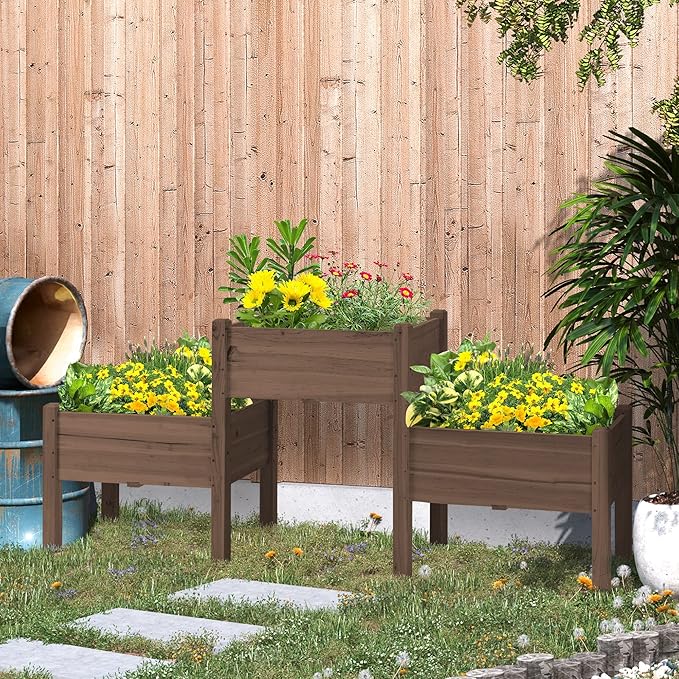 Outsunny Raised Garden Bed with 3 Planter Box, Elevated Wooden Plant Stand with Drainage Holes, for Vegetables, Herb and Flowers, Coffee