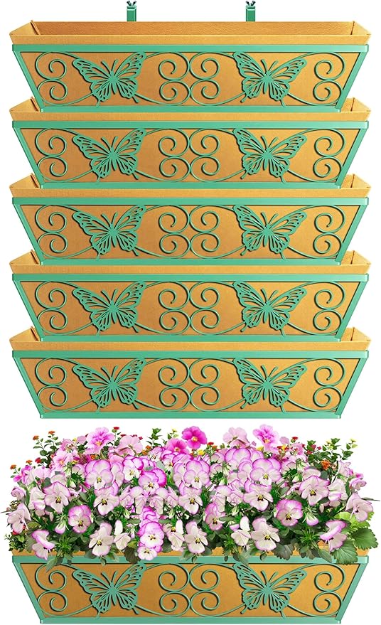 6 Pack 24 Inch Window Boxes Planters Railing Planter Box with Adjustable Brackets for Porch Fence Patio Balcony Hanging Flower Baskets with Woven Fabric for Outdoor Garden Decor - Green