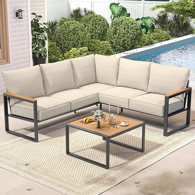 Metal Patio Furniture Set, 6 Pieces Outdoor Sectional Sofa Set with Side Table, L Shape Patio Conversation Set with Faux-Wood Tabletop, Outdoor Couch for Balcony, Porch, Backyard,Beige
