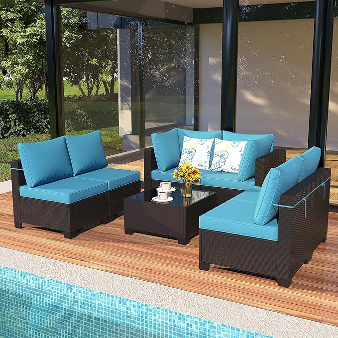 Outdoor Wicker Patio Furniture Set, Rattan Sectional Sofa Set with Thick Cushions (Coffee/Peacock Blue, 7 Piece Sofa Set)