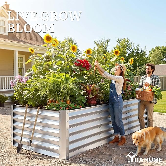 YITAHOME 8x4x3ft Large Raised Garden Bed Kit, Galvanized Metal Planter Box with Gloves, Support Rod & Safety Rubber, Outdoor Above Ground Planters for Plants Vegetables Flowers, Silver