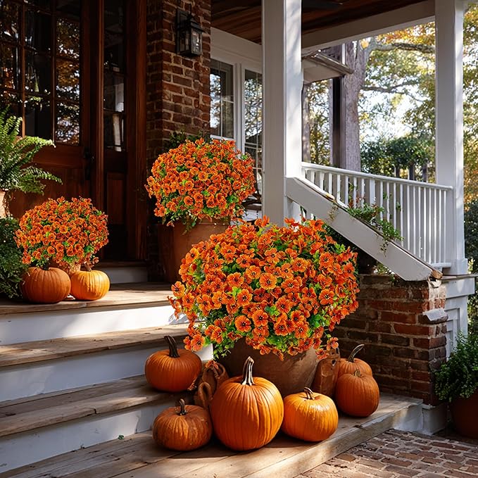 Artificial Fall Flowers Outdoor Fake Mums - 16 Bundles Fake Plants UV Resistant No Fade Faux Plastic Greenery Garden Porch Patio Fall Home Decor (Red Orange16)