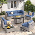 6-Seat Modern Outdoor Wicker Rattan Patio Furniture Set with 55,000 BTU Fire Pit Table, Thick 4″ Cushions, All-Weather Dual-Strand Rattan, Rust-Resistant Steel Frame,Navy