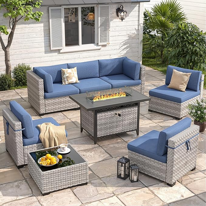6-Seat Modern Outdoor Wicker Rattan Patio Furniture Set with 55,000 BTU Fire Pit Table, Thick 4″ Cushions, All-Weather Dual-Strand Rattan, Rust-Resistant Steel Frame,Navy