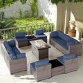 Kullavik 13 Pieces Outdoor Patio Furniture Set with 43" 55000BTU Gas Propane Fire Pit Table PE Wicker Rattan Sectional Sofa Patio Conversation Sets,Navy Blue