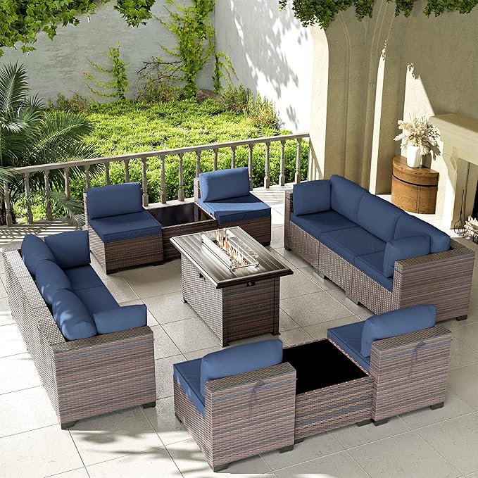 Kullavik 13 Pieces Outdoor Patio Furniture Set with 43" 55000BTU Gas Propane Fire Pit Table PE Wicker Rattan Sectional Sofa Patio Conversation Sets,Navy Blue