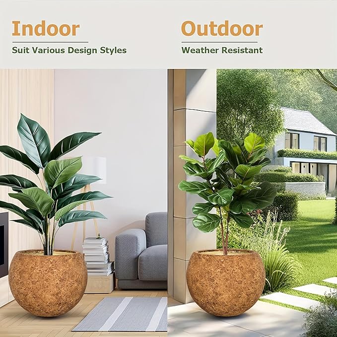 17 H x 21" Dia (15" Pot Opening) Round Fiberstone Planter with Drainage Hole, Indoor/Outdoor Large Plant Pot for Home Patio Garden, Ideal for Large Plants-Camel