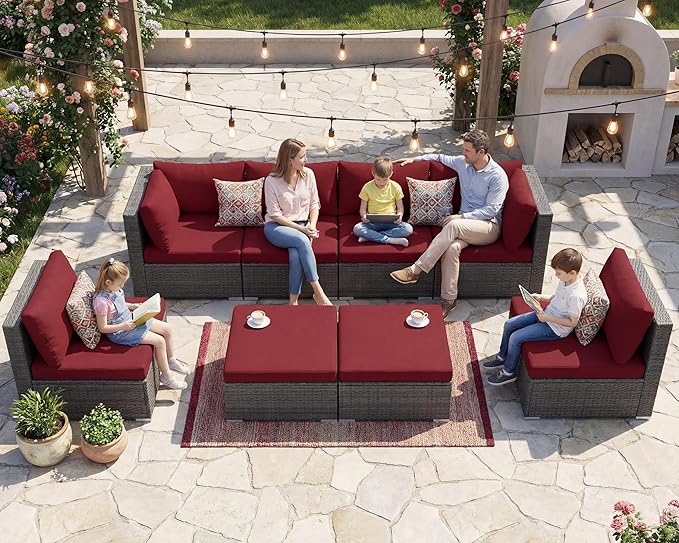 NICESOUL 8 Piece Modern Patio Couch Set, 29.3'' High Back Oversized Wicker Outdoor Sectional Furniture with Ottoman, Wide Seating Comfy Conversations for Backyard Deck, 2 Color Cushion Wine & Gray