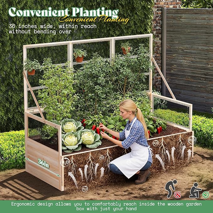 AMERLIFE Raised Garden Bed with Hinged Fencing and Trellis, 18 Inch Deepened Wood Planter Box, 2 PCS Flip-up Front Panel, Easy Assembly, Ideal for Seed Starting and Growing Vegetables & Fruits