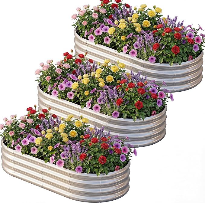 AHEONLAR 3 Pack 6×3×1ft Galvanized Raised Garden Beds, Oval Metal Garden Bed Planter Boxes Outdoor, Durable Raised Garden Beds Outdoor for Vegetables, Flowers, Silver